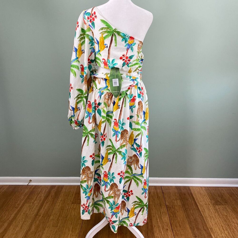 Farm Rio Midi Dress Tropical Paradise One Shoulder Womens Large Cutout Waist - Picture 5 of 13